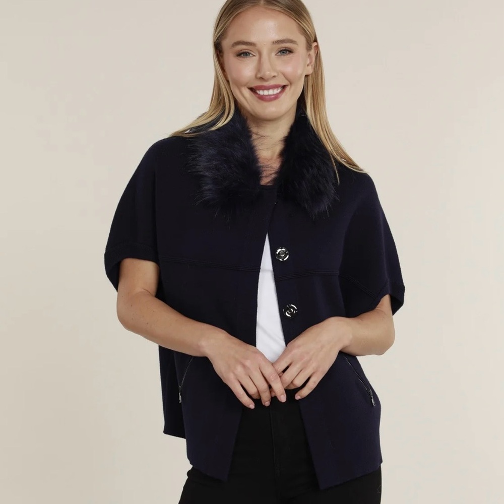 Dolce Cabo Navy Short-Sleeve Faux Fur Collar Sweater Jacket